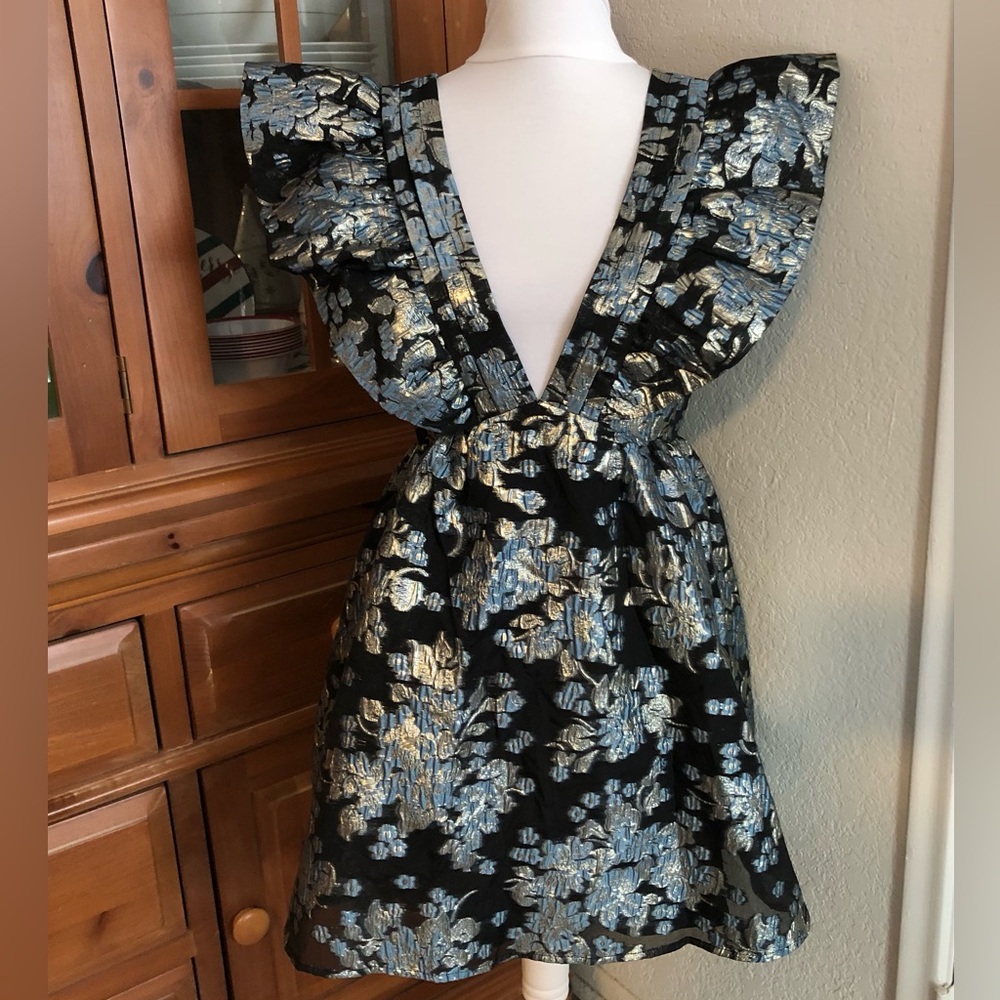 NWT Lulu's Black Dress with Metallic Blue-Gold  Brocade